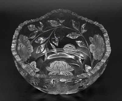 Antique American Brilliant ABP Deep Cut Crystal Flower & Butterfly Round Bowl - Image 1