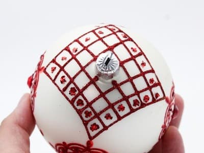 Vintage White Frosted Glass Red Mica Embroidery Pattern Christmas Ornament - Thumbnail 5