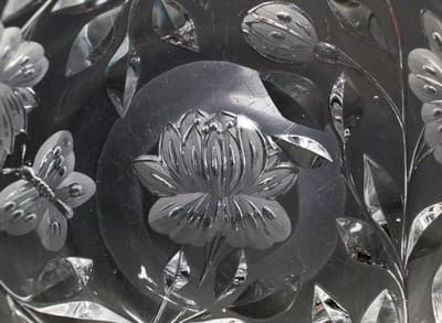 Antique American Brilliant ABP Deep Cut Crystal Flower & Butterfly Round Bowl - Thumbnail 4