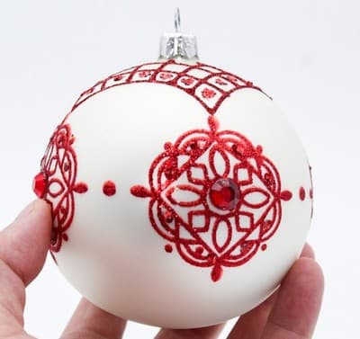 Vintage White Frosted Glass Red Mica Embroidery Pattern Christmas Ornament - Thumbnail 4