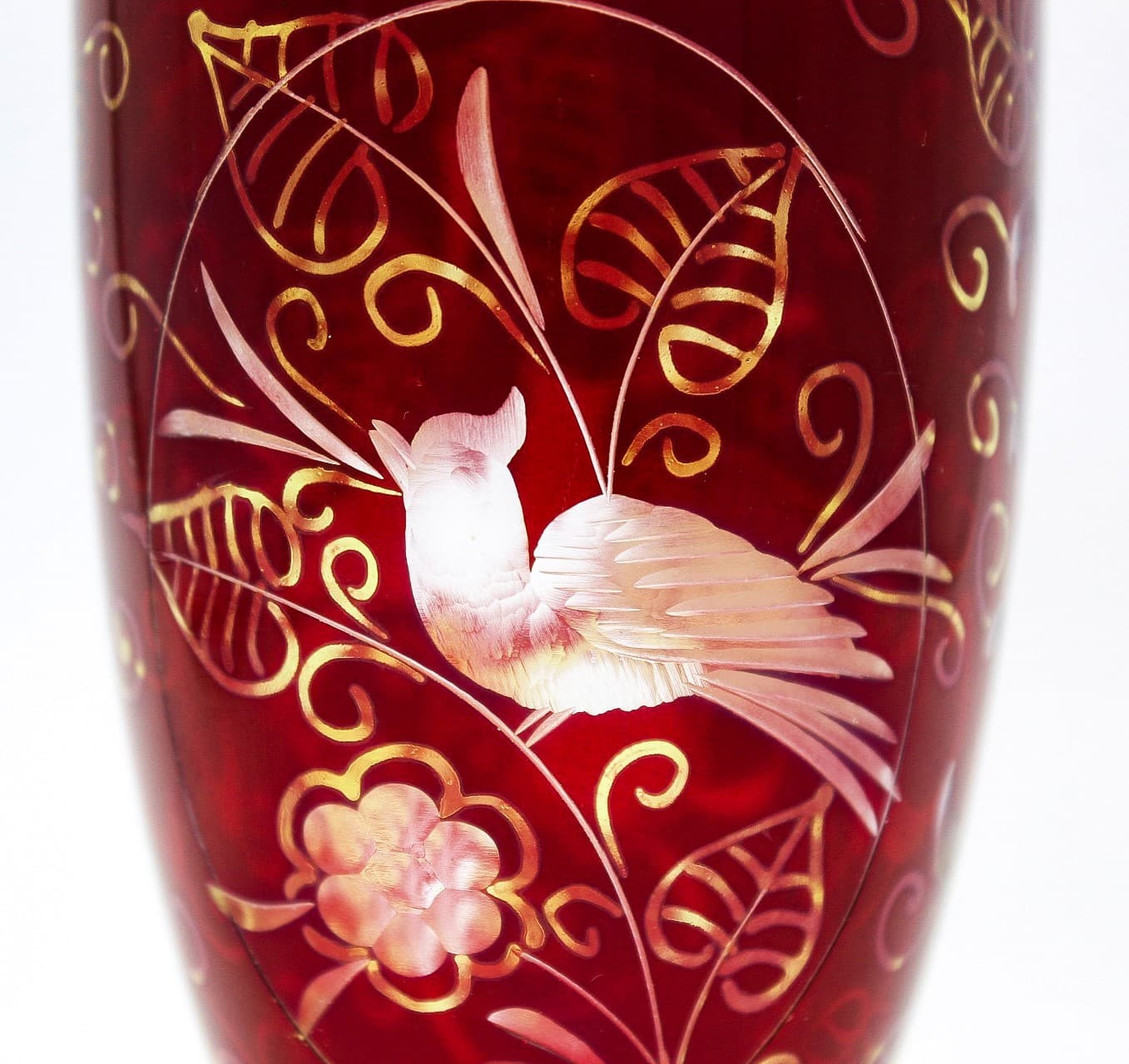 Czech Bohemian Ruby Red Cut To Clear Art Glass Hand Etched Bird Floral Vase 6.5" - Thumbnail 9