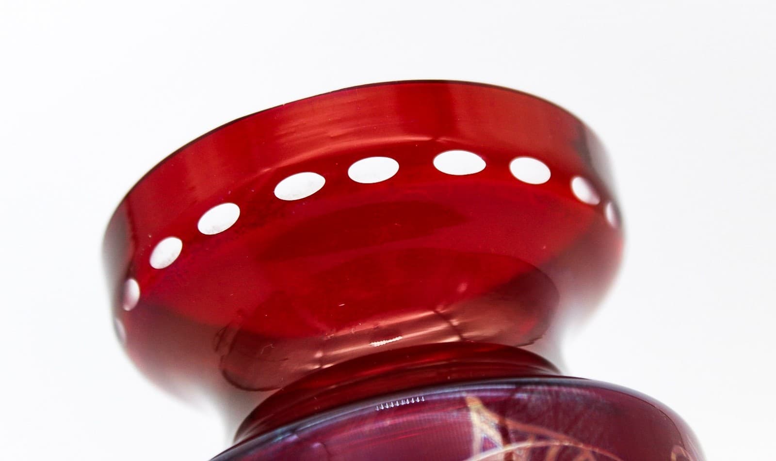 Czech Bohemian Ruby Red Cut To Clear Art Glass Hand Etched Bird Floral Vase 6.5" - Thumbnail 6