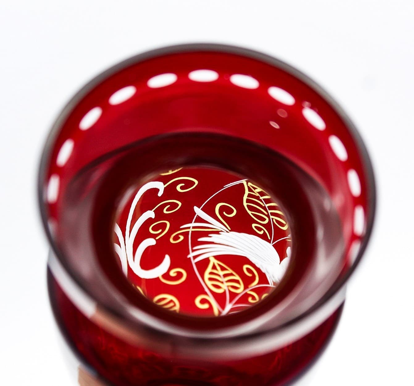 Czech Bohemian Ruby Red Cut To Clear Art Glass Hand Etched Bird Floral Vase 6.5" - Thumbnail 3