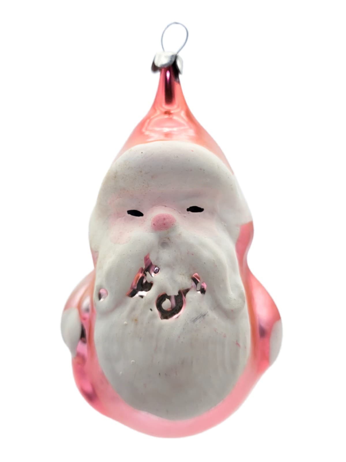 Vintage Mercury Blown Glass Hand Decorated Pink Santa Christmas Ornament - Image 1