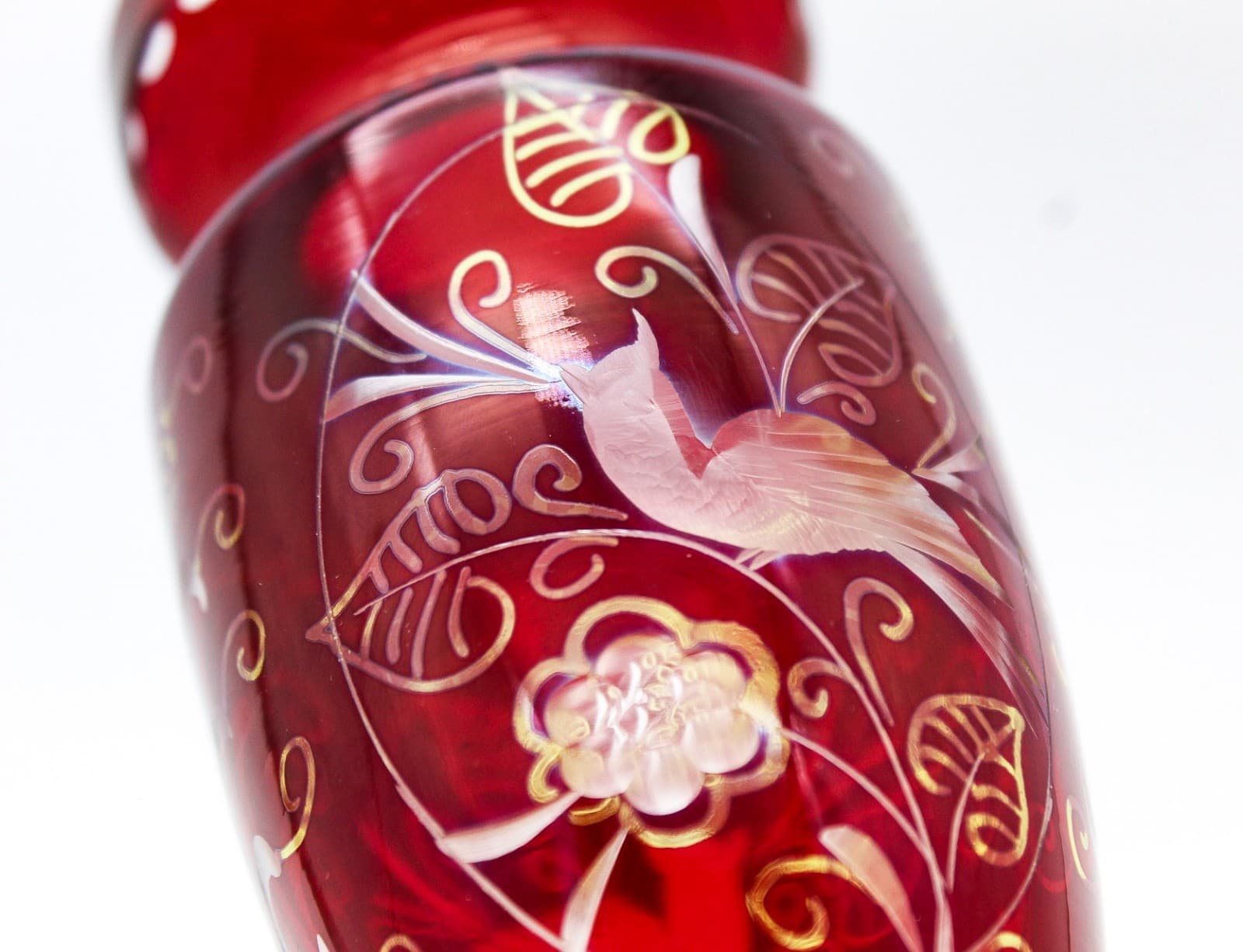 Czech Bohemian Ruby Red Cut To Clear Art Glass Hand Etched Bird Floral Vase 6.5" - Thumbnail 5