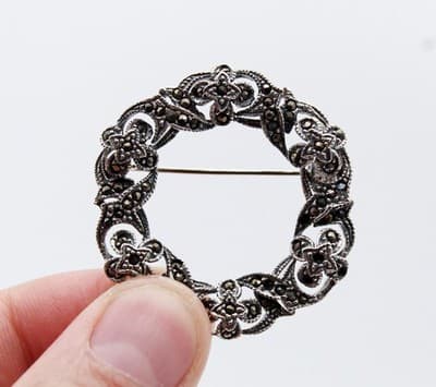 Vintage Sterling silver 925 Star Flower Wreath Motif Round Pin Brooch - Thumbnail 3