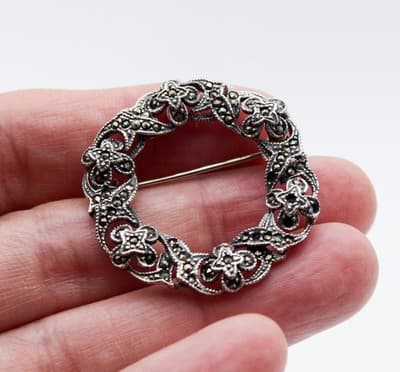 Vintage Sterling silver 925 Star Flower Wreath Motif Round Pin Brooch - Thumbnail 2