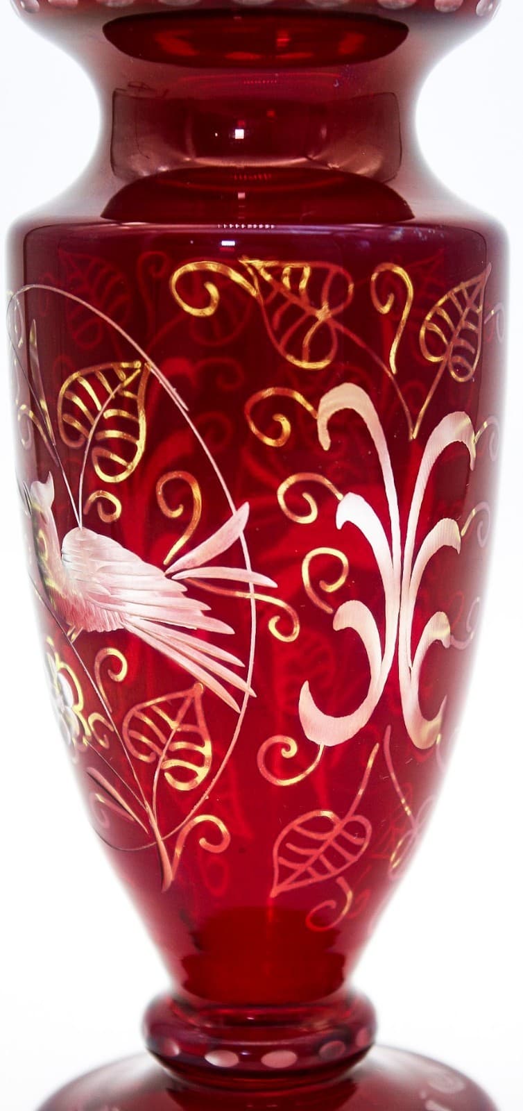 Czech Bohemian Ruby Red Cut To Clear Art Glass Hand Etched Bird Floral Vase 6.5" - Thumbnail 7