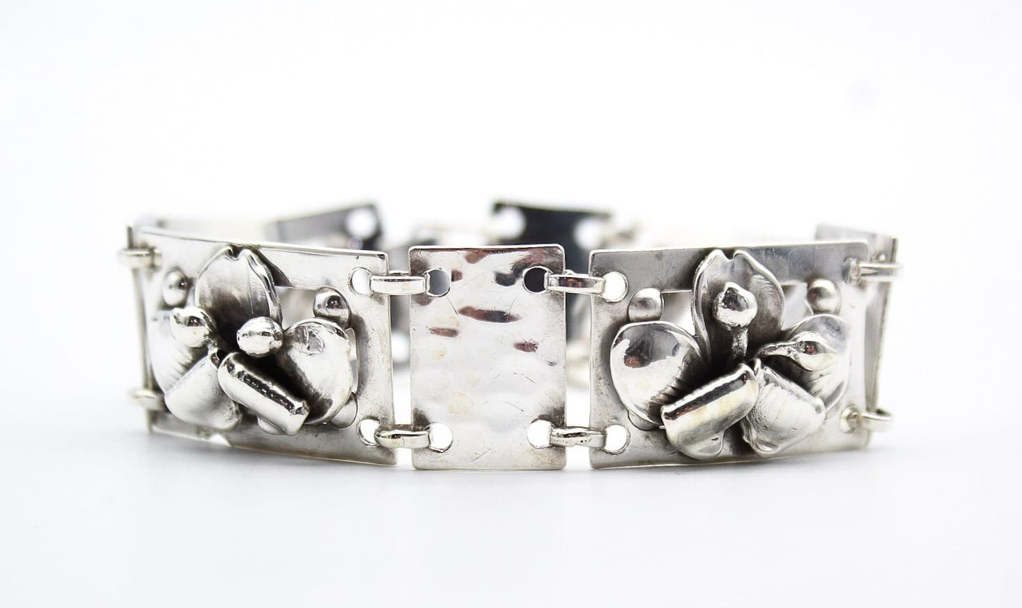 Vintage Sterling Silver 925 Denmark Floral Link Panel Bracelet 7.25" - Thumbnail 7