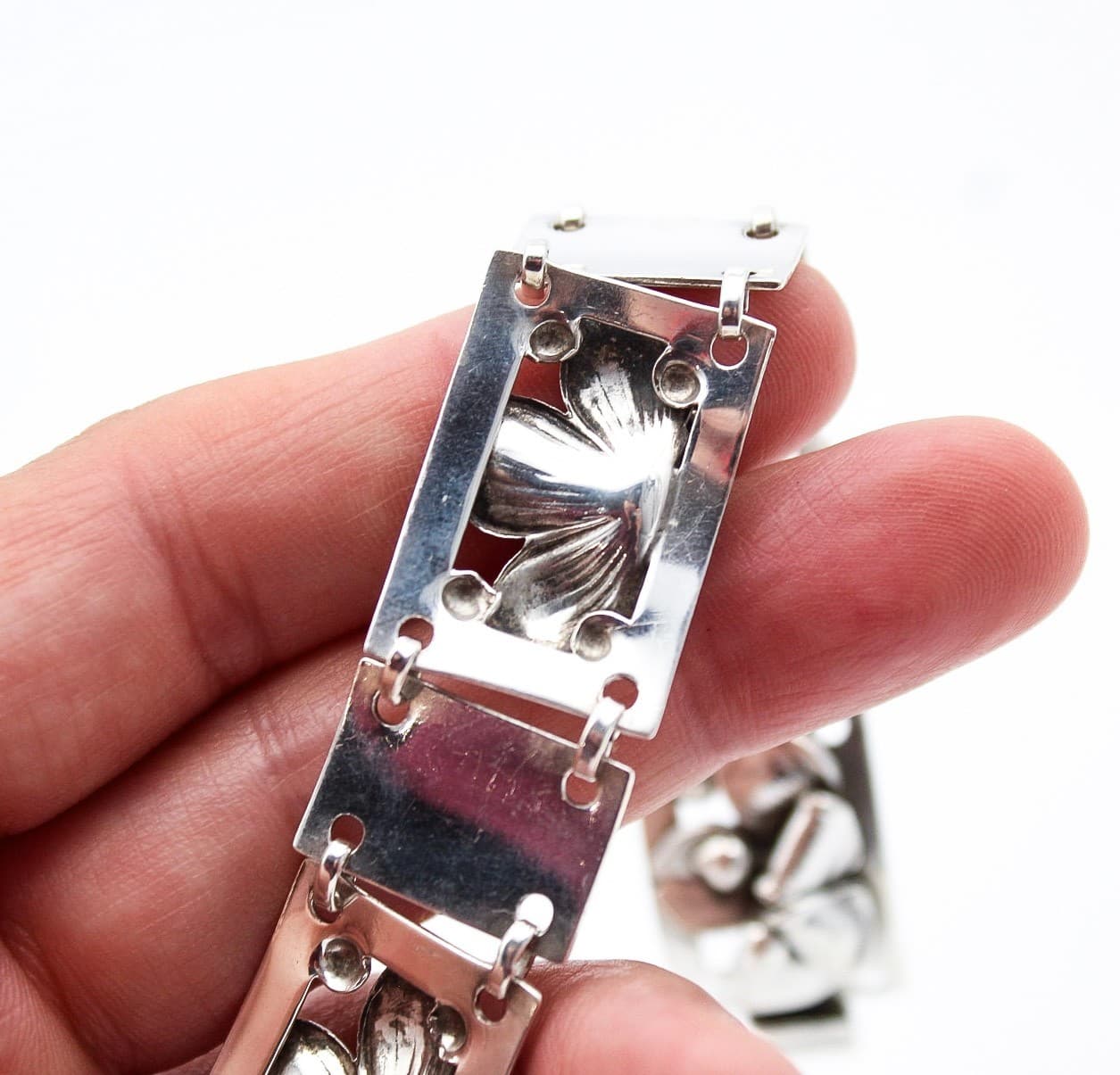 Vintage Sterling Silver 925 Denmark Floral Link Panel Bracelet 7.25" - Thumbnail 5