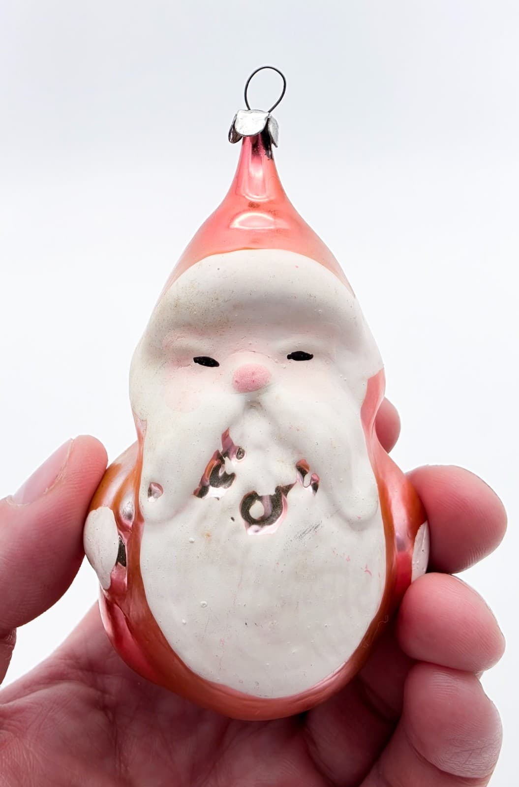 Vintage Mercury Blown Glass Hand Decorated Pink Santa Christmas Ornament - Thumbnail 2
