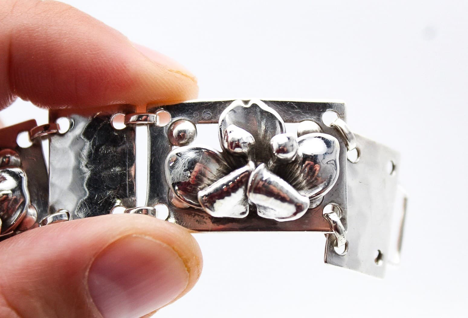 Vintage Sterling Silver 925 Denmark Floral Link Panel Bracelet 7.25" - Thumbnail 8
