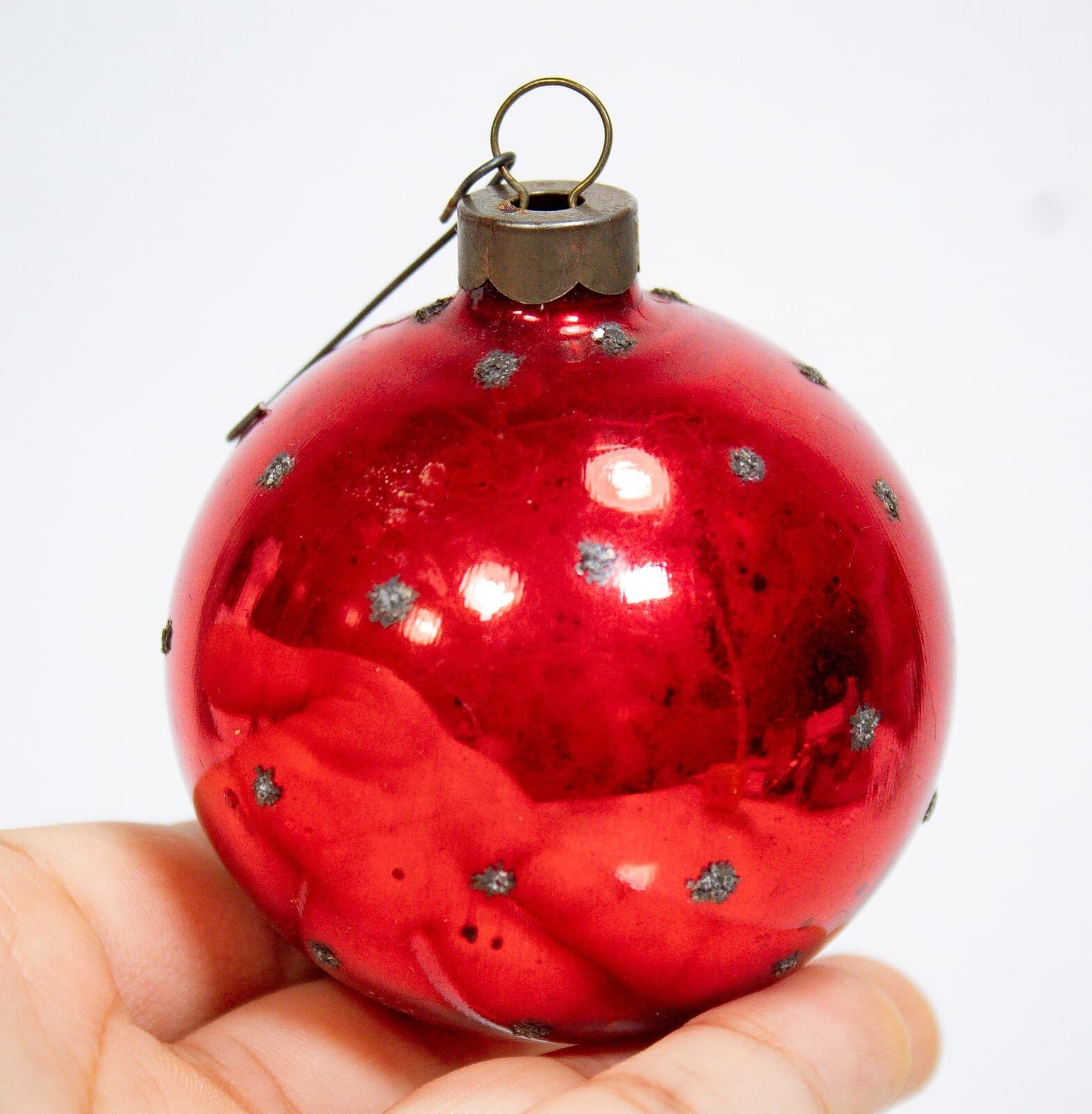 Vintage Red Black Glitter Polka Dots Round Glass Christmas Ornament - Thumbnail 3