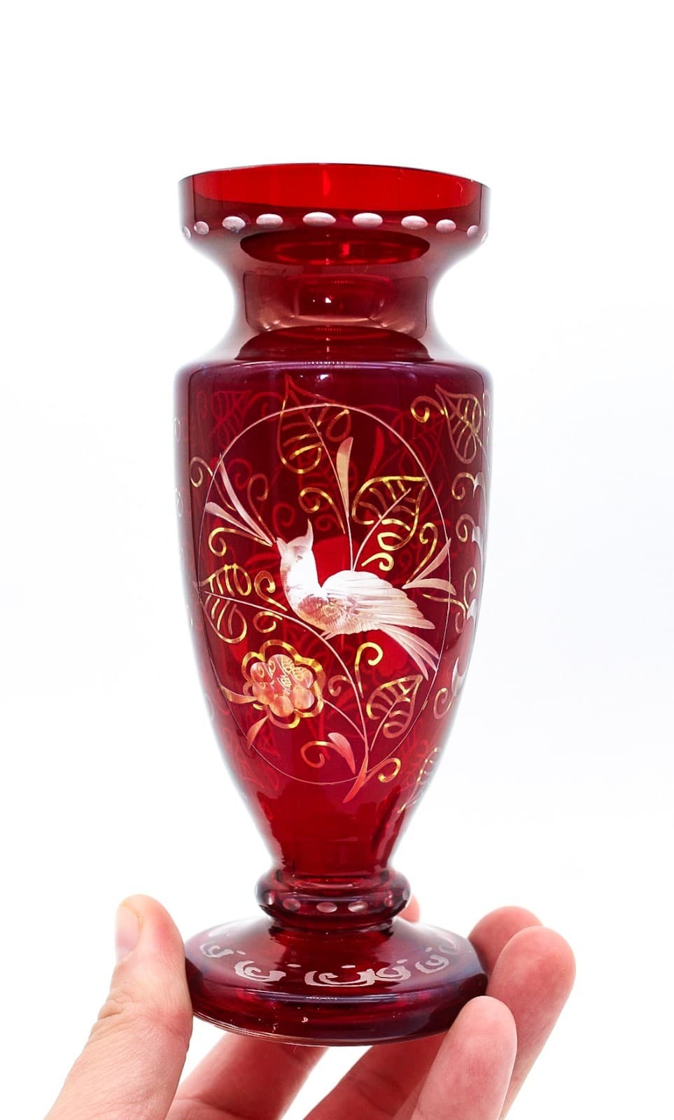 Czech Bohemian Ruby Red Cut To Clear Art Glass Hand Etched Bird Floral Vase 6.5" - Thumbnail 2