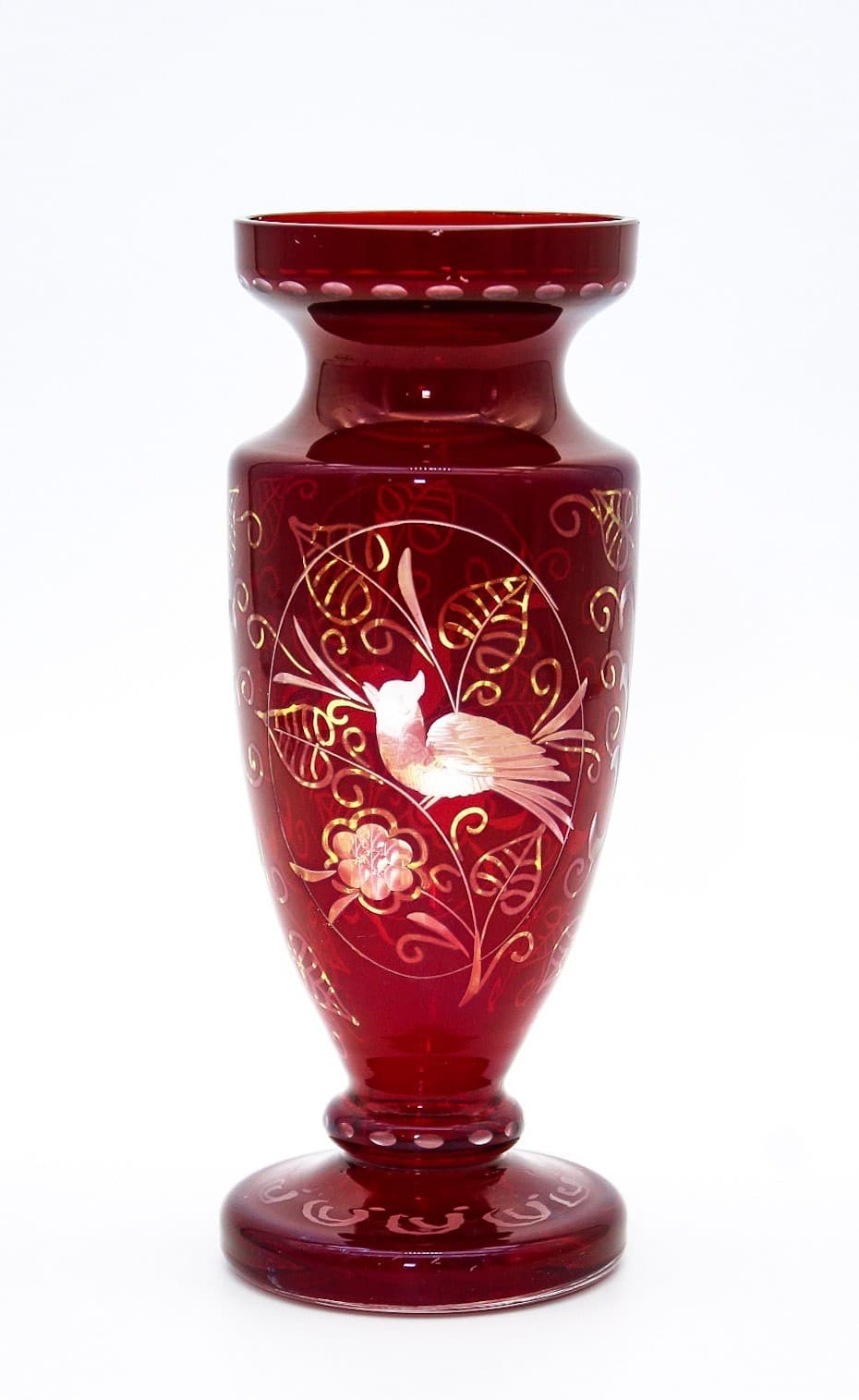 Czech Bohemian Ruby Red Cut To Clear Art Glass Hand Etched Bird Floral Vase 6.5" - Thumbnail 11