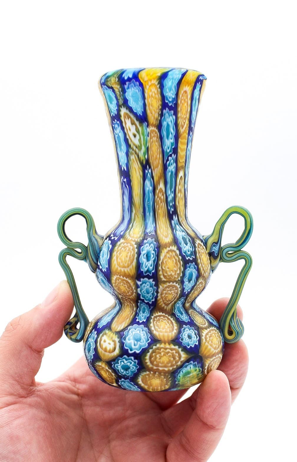 Fratelli Toso Murano Antique Millefiori Flowers Italy Art Glass Mosaic Vase 5" - Thumbnail 2