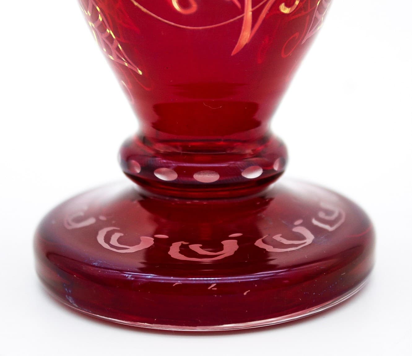 Czech Bohemian Ruby Red Cut To Clear Art Glass Hand Etched Bird Floral Vase 6.5" - Thumbnail 8