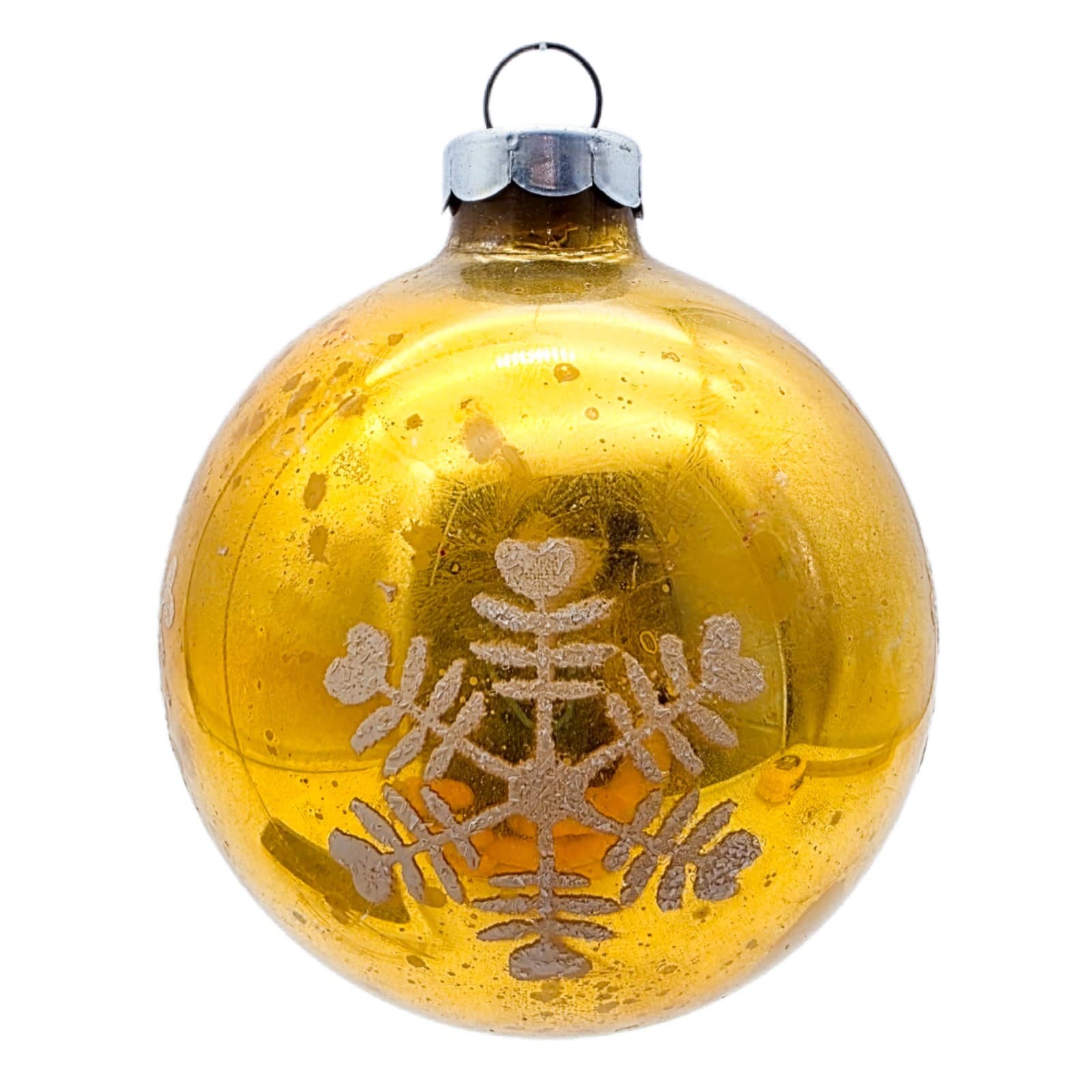 Vintage Made In USA Yellow Mica Stencil Snowflake Ball Glass Christmas Ornament - Image 1