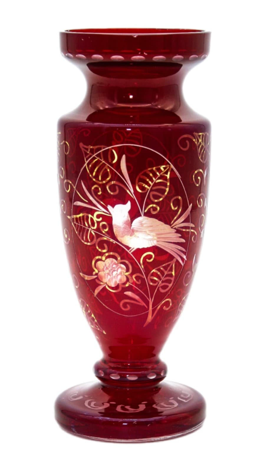 Czech Bohemian Ruby Red Cut To Clear Art Glass Hand Etched Bird Floral Vase 6.5" - Image 1