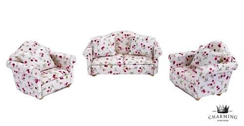 Vintage Floral Upholster Living Room Sofa Set Miniature Dollhouse Furniture 1:12 - Image 1