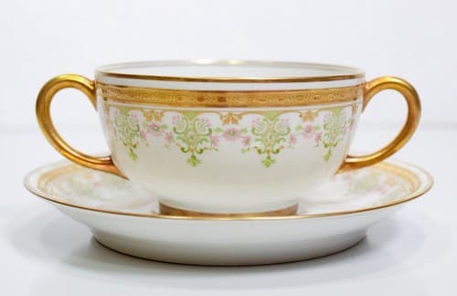 LIMOGES France J. Pouyat Antique Floral Gilt Boullion Porcelain Cup & Saucer - Thumbnail 2