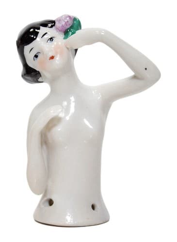 Antique Made In Germany Nude Half Doll Lady Porcelain Pin Cushion - Image 1