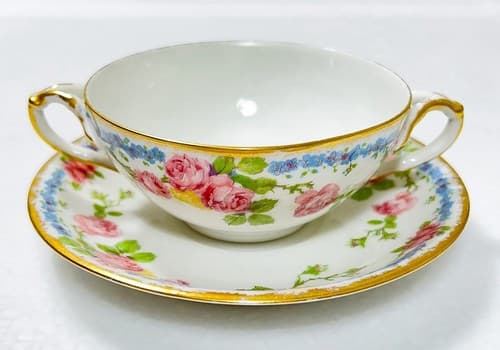 LIMOGES France J. Pouyat Floral Pattern Porcelain Double Handle Cup & Saucer - Thumbnail 6