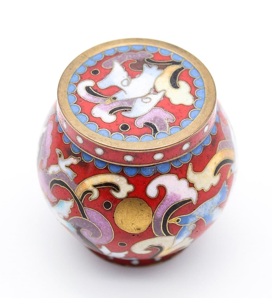 Chinese Enamel Cloisonne Lidded Floral & Bird Motif Covered Tea Caddy 2" - Thumbnail 3