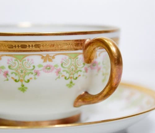 LIMOGES France J. Pouyat Antique Floral Gilt Boullion Porcelain Cup & Saucer - Thumbnail 4