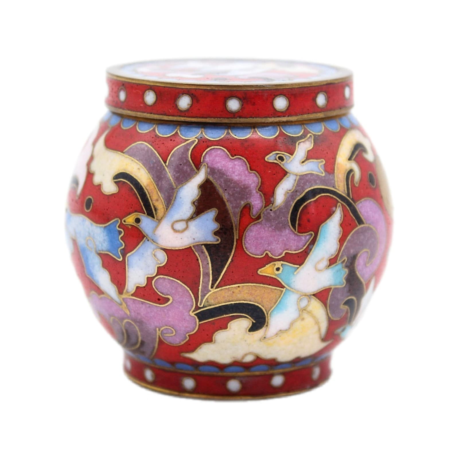 Chinese Enamel Cloisonne Lidded Floral & Bird Motif Covered Tea Caddy 2" - Image 1