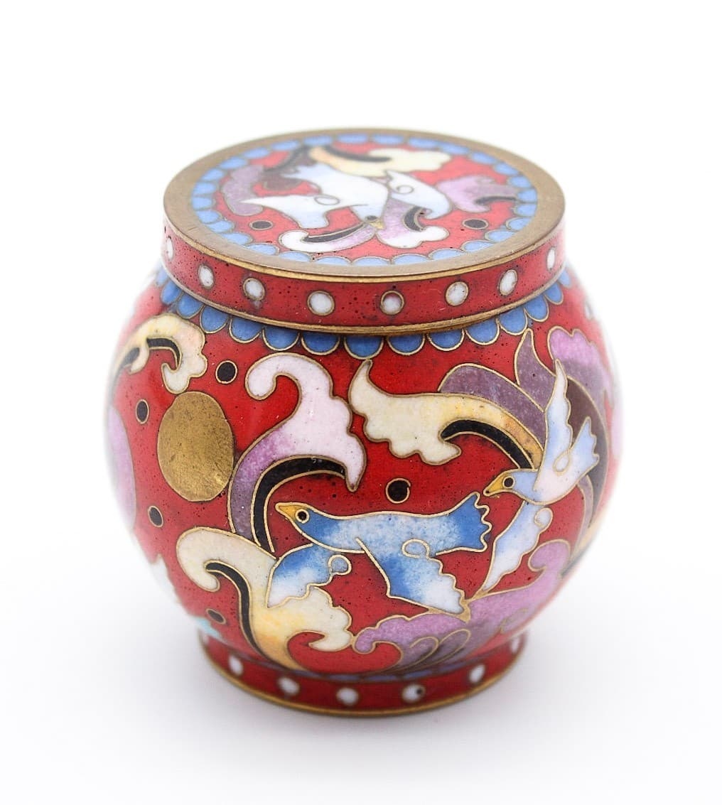 Chinese Enamel Cloisonne Lidded Floral & Bird Motif Covered Tea Caddy 2" - Thumbnail 7