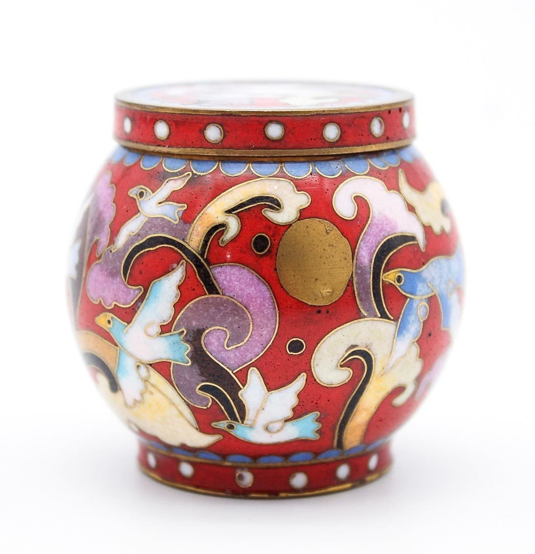 Chinese Enamel Cloisonne Lidded Floral & Bird Motif Covered Tea Caddy 2" - Thumbnail 9