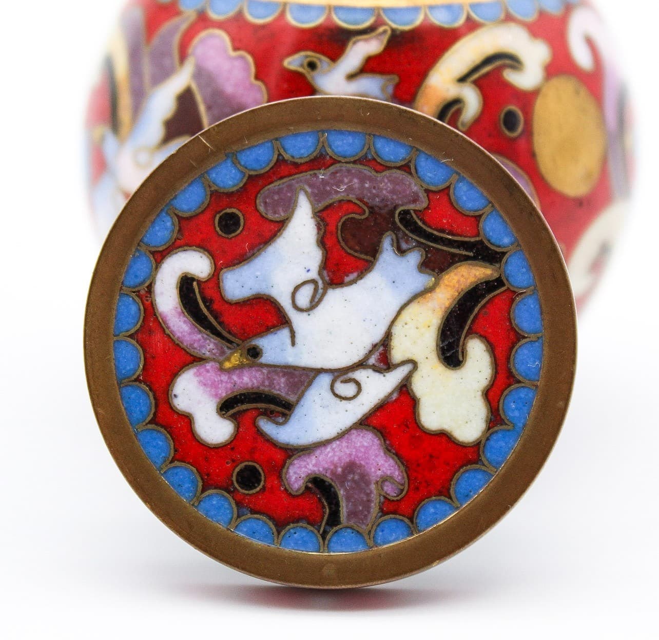 Chinese Enamel Cloisonne Lidded Floral & Bird Motif Covered Tea Caddy 2" - Thumbnail 6
