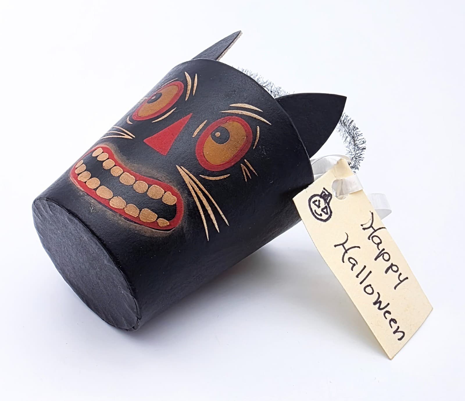 Bethany Lowe Designs Halloween Paper Mache Cat Small Bucket Container With Tag - Thumbnail 2