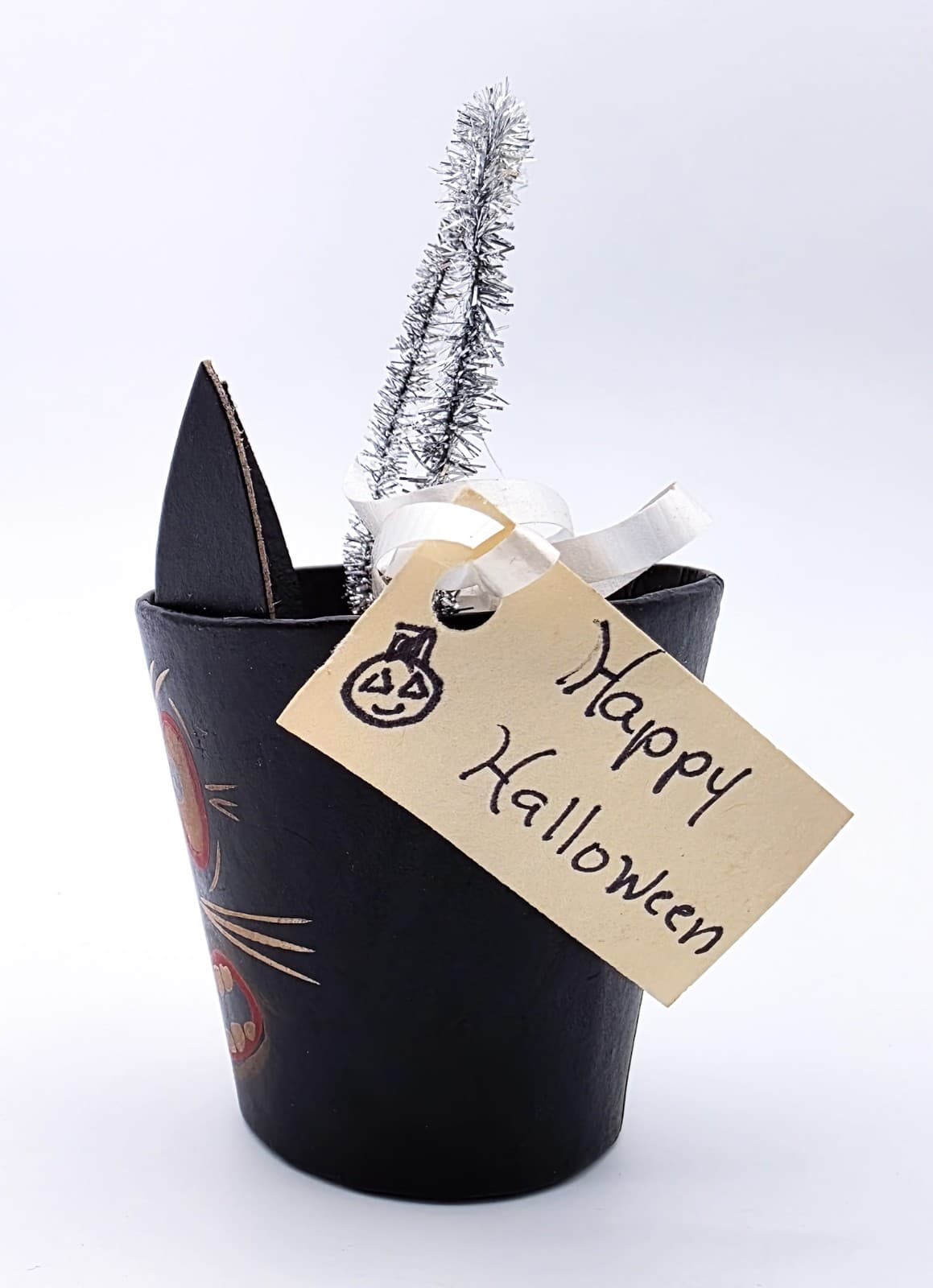 Bethany Lowe Designs Halloween Paper Mache Cat Small Bucket Container With Tag - Thumbnail 6