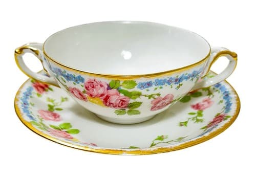 LIMOGES France J. Pouyat Floral Pattern Porcelain Double Handle Cup & Saucer - Image 1