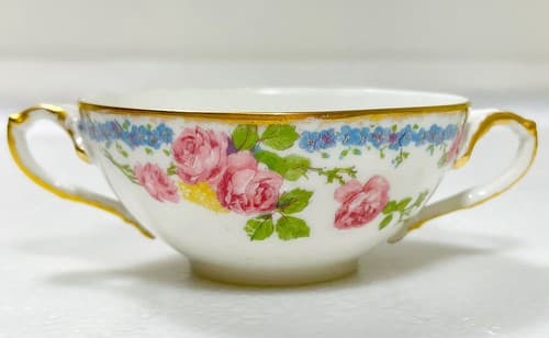 LIMOGES France J. Pouyat Floral Pattern Porcelain Double Handle Cup & Saucer - Thumbnail 3