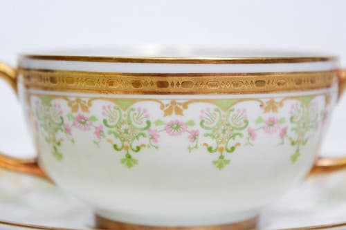 LIMOGES France J. Pouyat Antique Floral Gilt Boullion Porcelain Cup & Saucer - Thumbnail 3