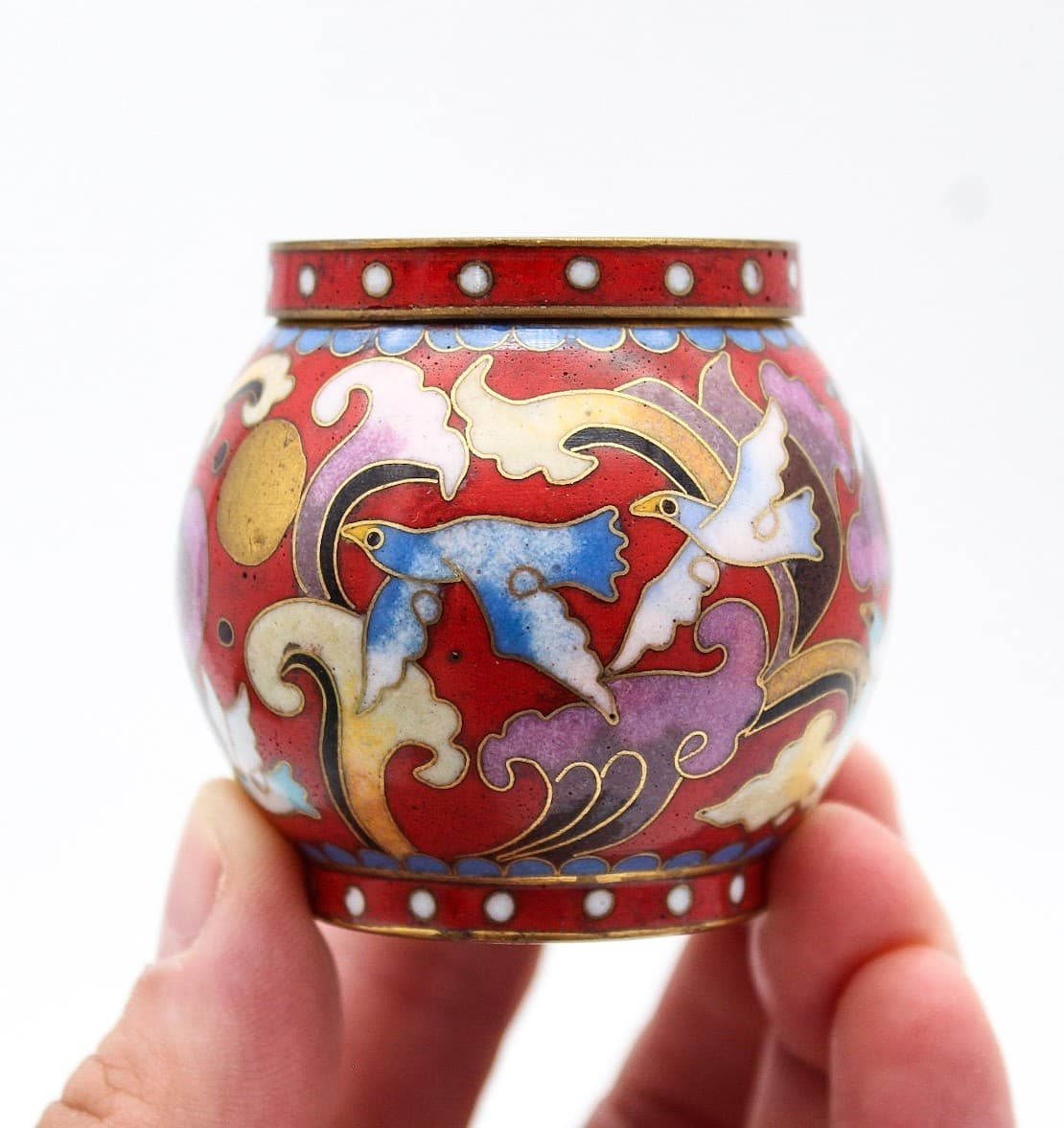 Chinese Enamel Cloisonne Lidded Floral & Bird Motif Covered Tea Caddy 2" - Thumbnail 2