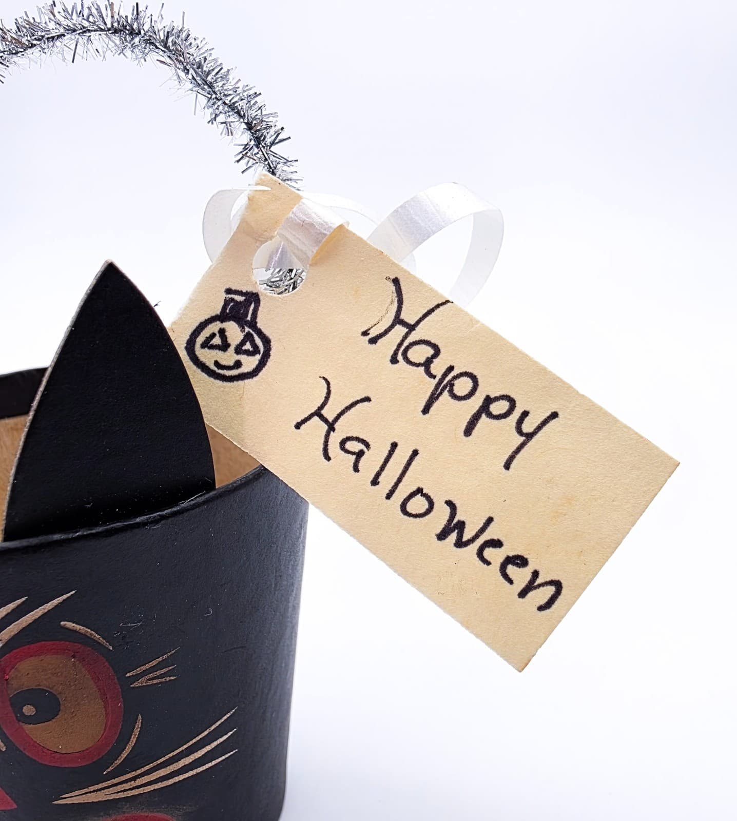 Bethany Lowe Designs Halloween Paper Mache Cat Small Bucket Container With Tag - Thumbnail 7