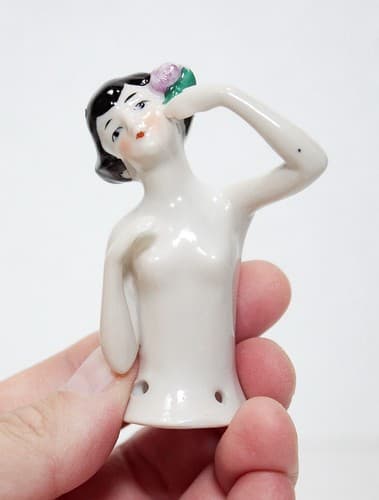 Antique Made In Germany Nude Half Doll Lady Porcelain Pin Cushion - Thumbnail 2