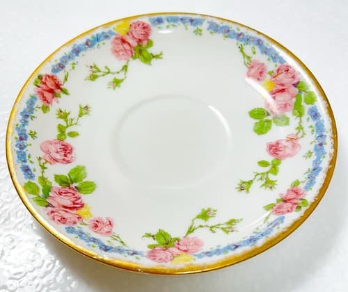 LIMOGES France J. Pouyat Floral Pattern Porcelain Double Handle Cup & Saucer - Thumbnail 5