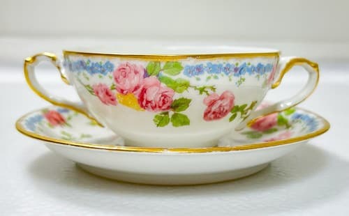 LIMOGES France J. Pouyat Floral Pattern Porcelain Double Handle Cup & Saucer - Thumbnail 2