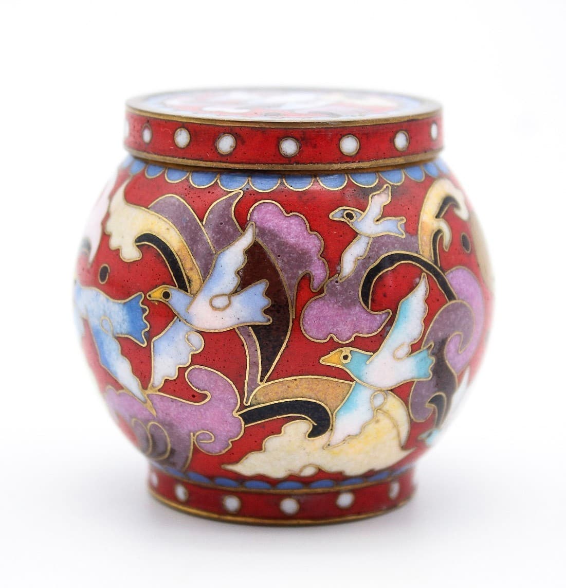 Chinese Enamel Cloisonne Lidded Floral & Bird Motif Covered Tea Caddy 2" - Thumbnail 8