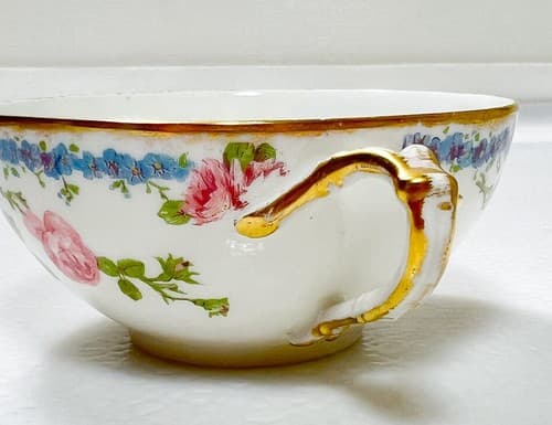 LIMOGES France J. Pouyat Floral Pattern Porcelain Double Handle Cup & Saucer - Thumbnail 8