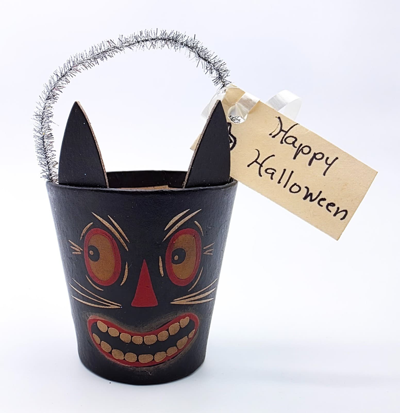 Bethany Lowe Designs Halloween Paper Mache Cat Small Bucket Container With Tag - Thumbnail 9