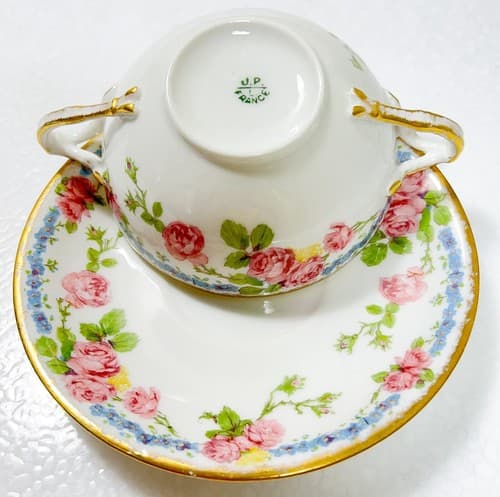 LIMOGES France J. Pouyat Floral Pattern Porcelain Double Handle Cup & Saucer - Thumbnail 7