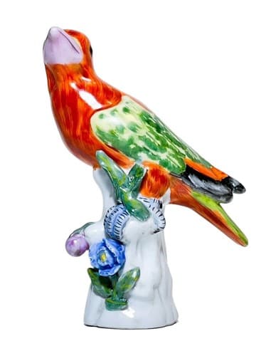 Antique Hand Painted Colorful Bird On Branch Porcelain Figurine 7" - Image 1