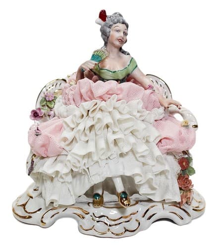 Antique 19th Century Germany Dresden Seated Woman Lace Porcelain Figurine - Image 1