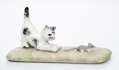 Vintage Metal Hand Painted Enamel Miniature Cat & Mouse On Marble Base - Image 1
